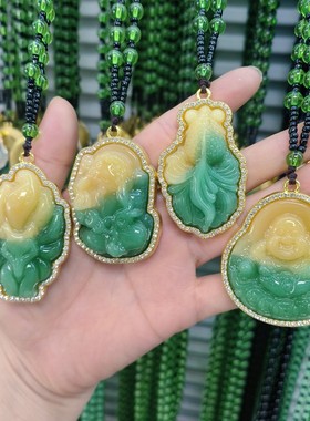 黄绿镶钻弥勒佛吊坠琉璃毛衣链龙牌镶满钻复古项链莲花观音貔貅