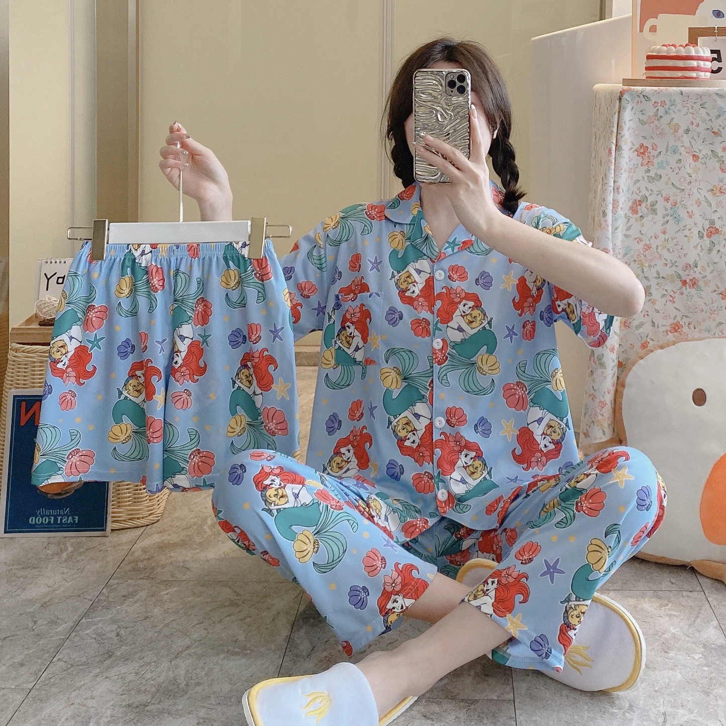 外贸多款夏季薄款短袖开衫双面牛奶丝卡通印花家居服三件套装