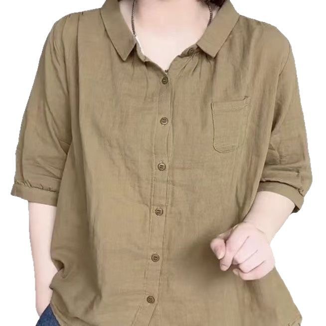 亚马逊2025夏季新款五分袖衬衫女韩版百搭减龄宽松上衣