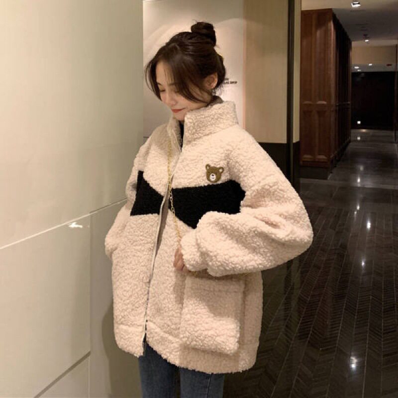 加厚加绒羊羔绒卫衣女2025秋冬季韩版懒风小熊刺绣开衫上衣外套女