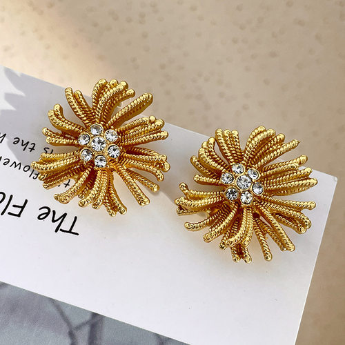 中古不规则金色烟花耳环小众夸张设计感耳坠花朵闪钻耳钉个性风潮