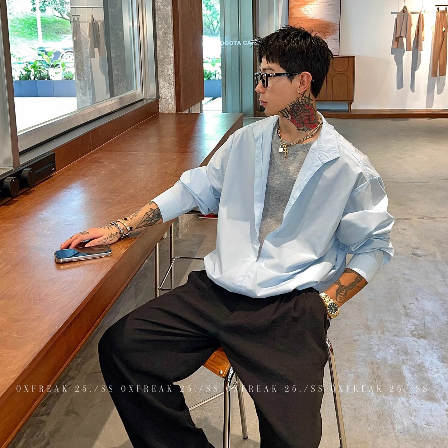纯色简约通勤假两件长袖套头衬衫男2025春秋季新款宽松高级感衬衣