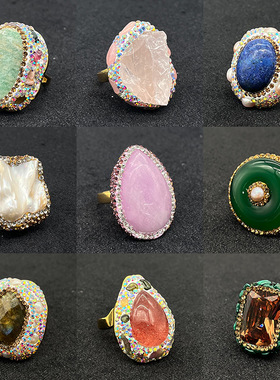 vintage跨境巴洛克珍珠闪光石戒指法式复古高级感中古开口戒