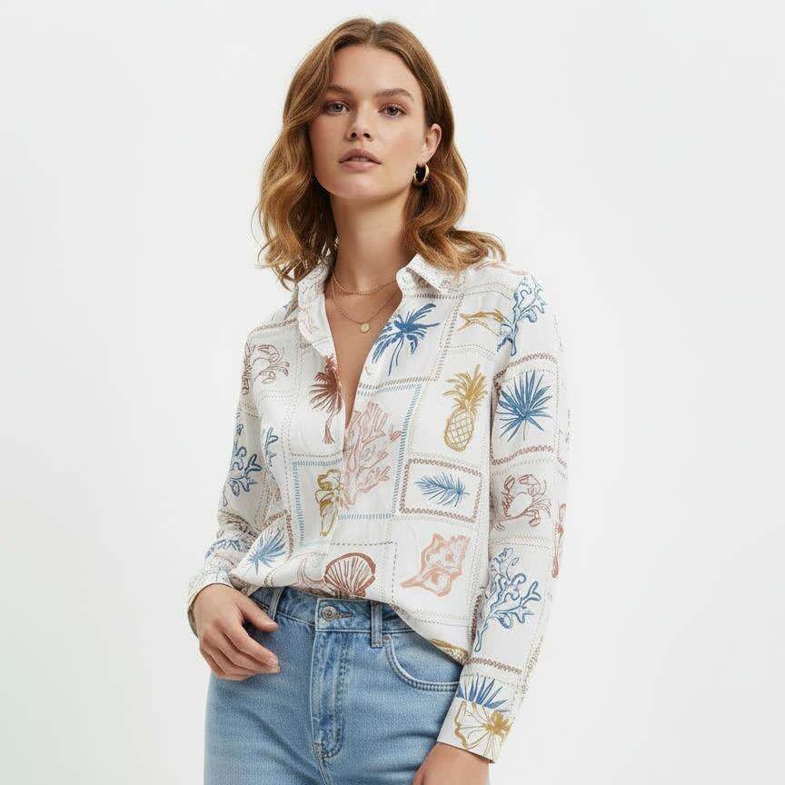 港风涂鸦印花长袖衬衫女2026年新款跨境潮流休闲纯棉衬衣外套上衣