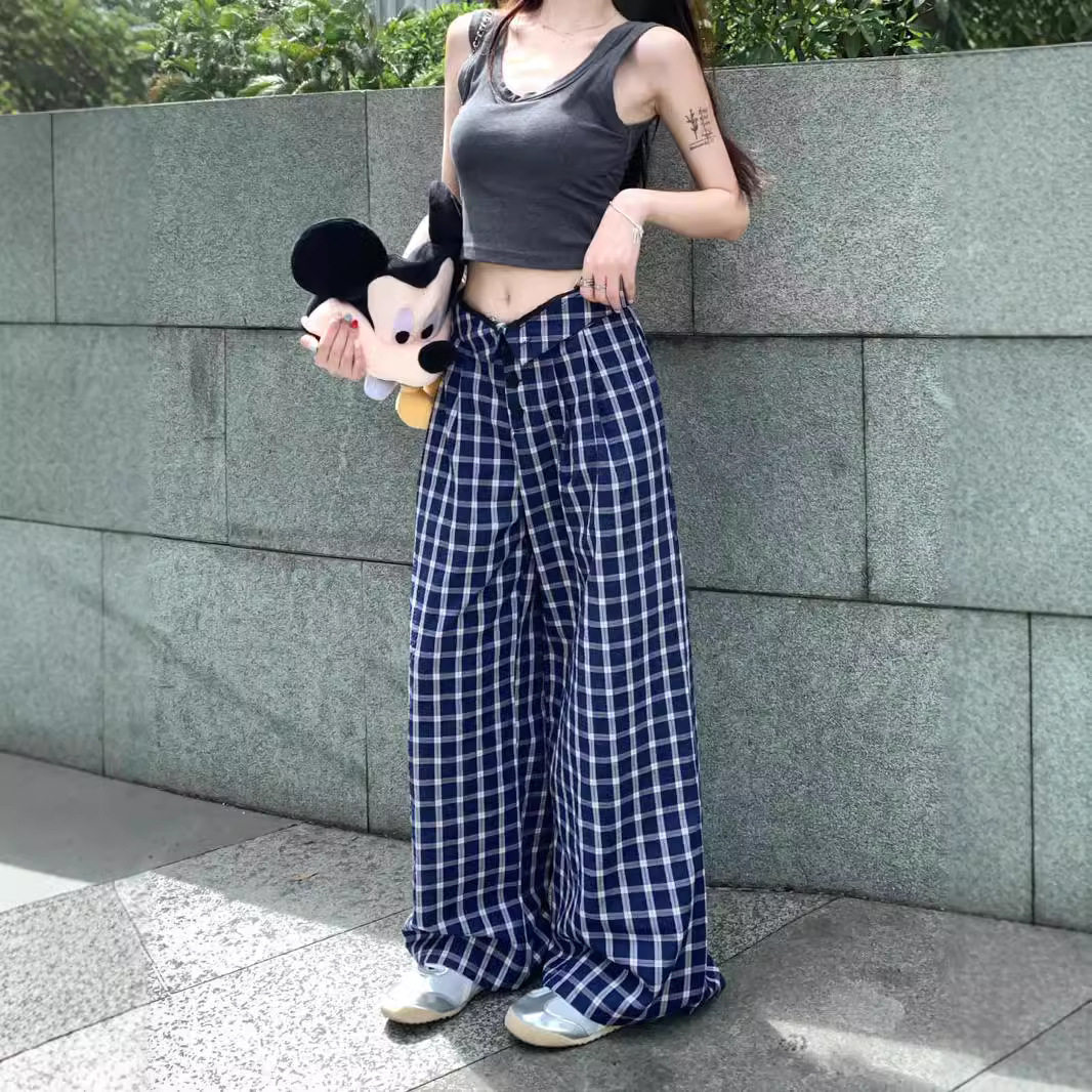 格子直筒休闲裤女早秋新款复古高腰宽松阔腿慵懒风拖地长裤子ins,女装/女士精品,休闲裤,淘宝优惠券,粉丝福利购,淘宝优惠卷