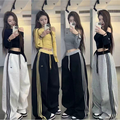 美式复古三条杠运动裤女2025秋冬款高腰抽绳显瘦运动阔腿裤子女