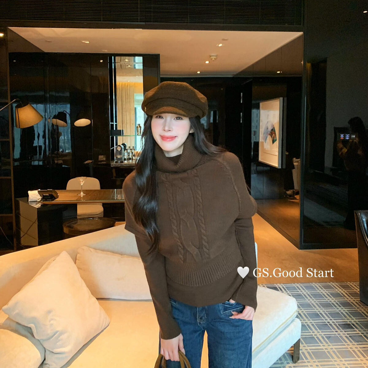 GS 秋冬法式麻花高领短袖毛衣+打底衫两件套装女