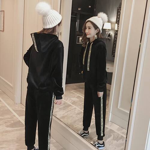 金丝绒运动服套装秋冬季外穿家居服加绒加厚卫衣休闲连帽两件套女