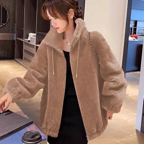 双面珊瑚绒外套女秋冬休闲加绒加厚抓绒衣外穿开衫家居服立领上衣