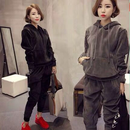 金丝绒运动服套装女冬季加绒加厚卫衣休闲家居服连帽保暖两件套女