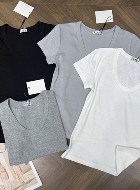 白色U领t恤女正肩短袖修身简约百搭上衣2026夏季螺纹纯色打底衫女