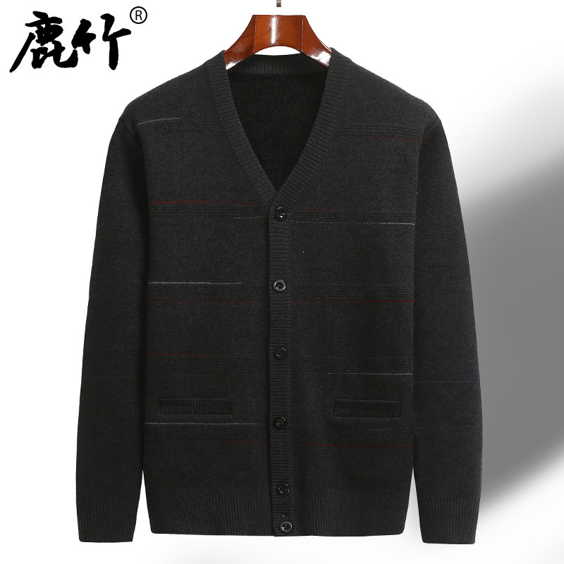 秋冬季中年爸爸装男士针织开衫外套保暖中老年本命年红色加厚毛衣