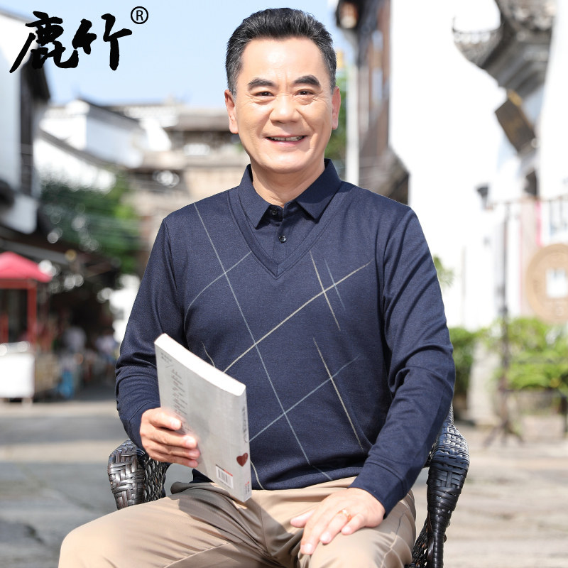 中老年爸爸春装男士假两件长袖t恤40岁50中年春秋季新款打底上衣