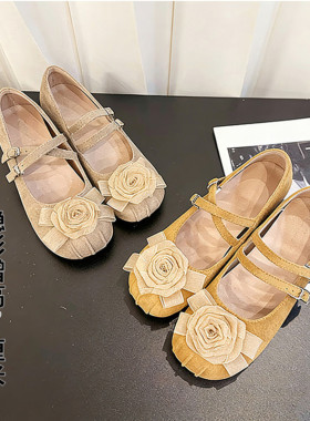 真皮新款温柔风花朵玛丽珍鞋女内增高7CM一字扣粗跟小个子单鞋