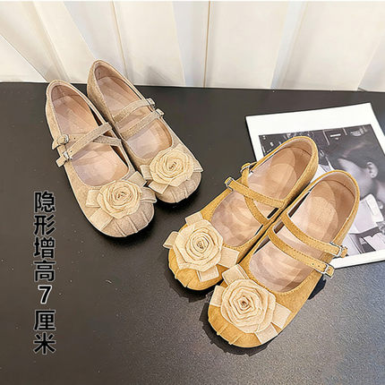 真皮新款温柔风花朵玛丽珍鞋女内增高7CM一字扣粗跟小个子单鞋
