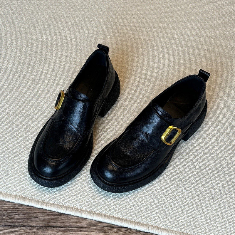 真皮英伦风乐福鞋女秋冬新款金属扣一脚蹬老钱风粗跟小皮鞋百搭,女鞋,乐福鞋（豆豆鞋）,淘宝优惠券,粉丝福利购,淘宝优惠卷