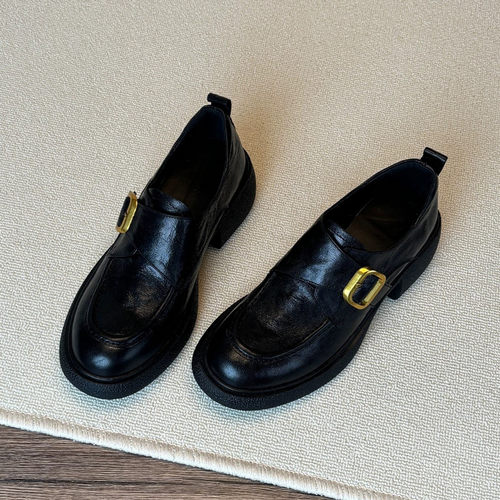 真皮英伦金属扣一脚蹬乐福鞋女