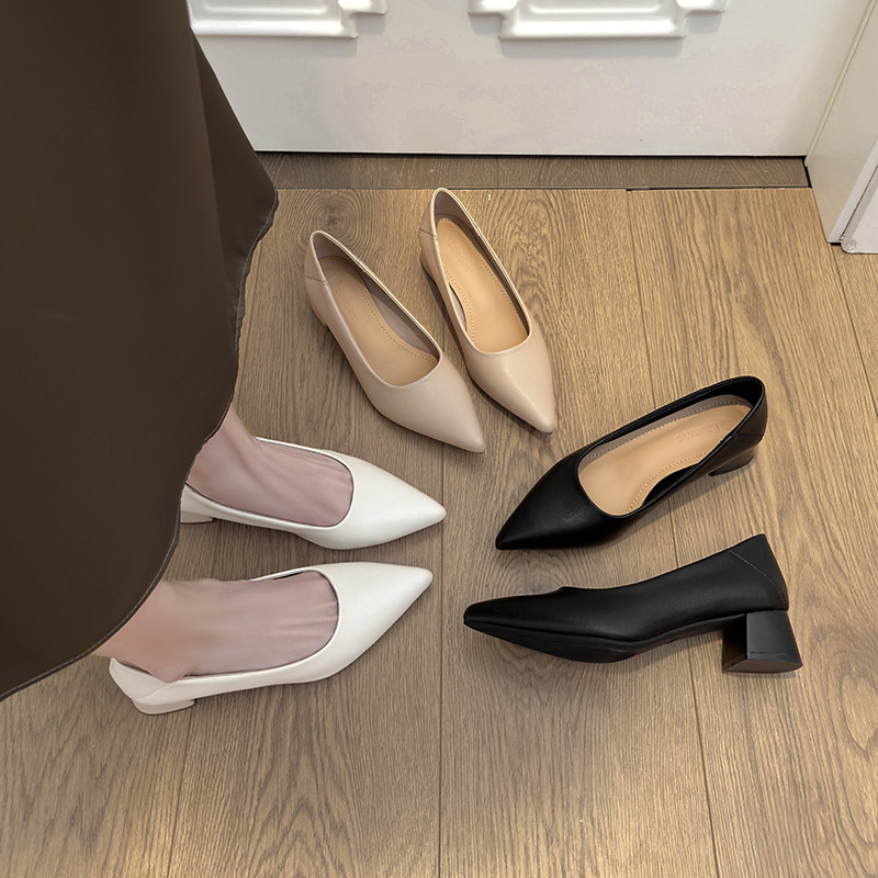 真皮尖头粗跟浅口工作鞋女面试鞋2026春夏新款配旗袍单鞋小皮鞋