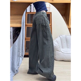 小个子军绿色直筒工装牛仔裤复古150cm低腰美式宽松休闲阔腿裤XS