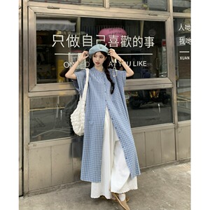 145小个子韩系格子长款宽松短袖衬衫连衣裙150叠穿阔腿长裤xs夏季