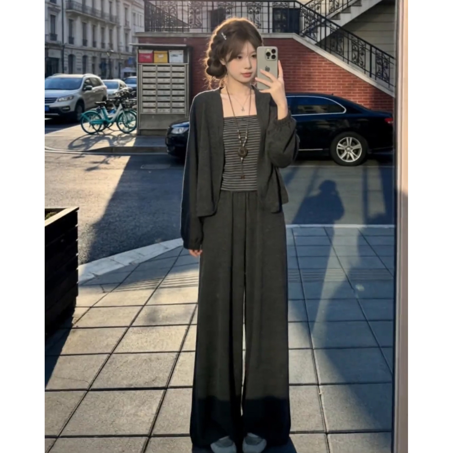 小个子约会通勤穿搭条纹背心上衣开衫外套145显高高腰宽松阔腿裤