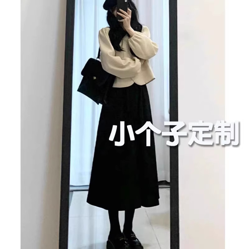 显瘦穿搭小个子黑色高腰毛呢半身裙145减龄a字百褶裙显高中长伞裙