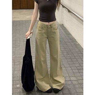 小个子美式卡其色微喇牛仔裤百搭显高145CM低腰显瘦拖地喇叭裤XS