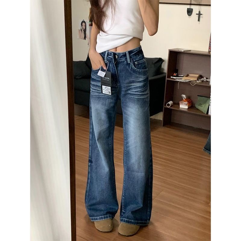 小个子美式阔腿微喇牛仔裤设计感百搭145显高低腰宽松直筒喇叭裤