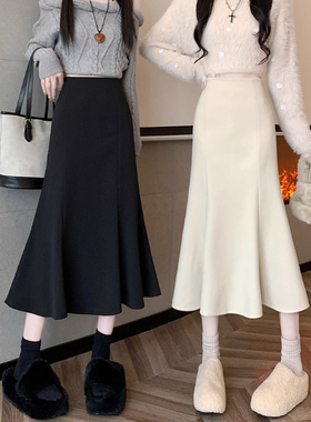 145cm小个子加厚包臀毛呢裙鱼尾裙女秋季款中长款h型半身裙冬裙xs