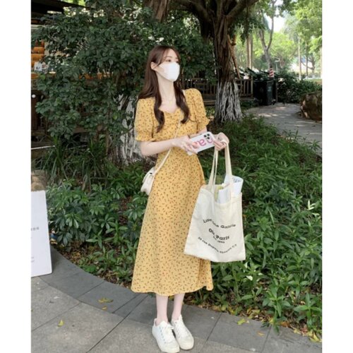 150小个子黄色方领法式连衣裙女复古开叉碎花裙长裙夏通勤气质感