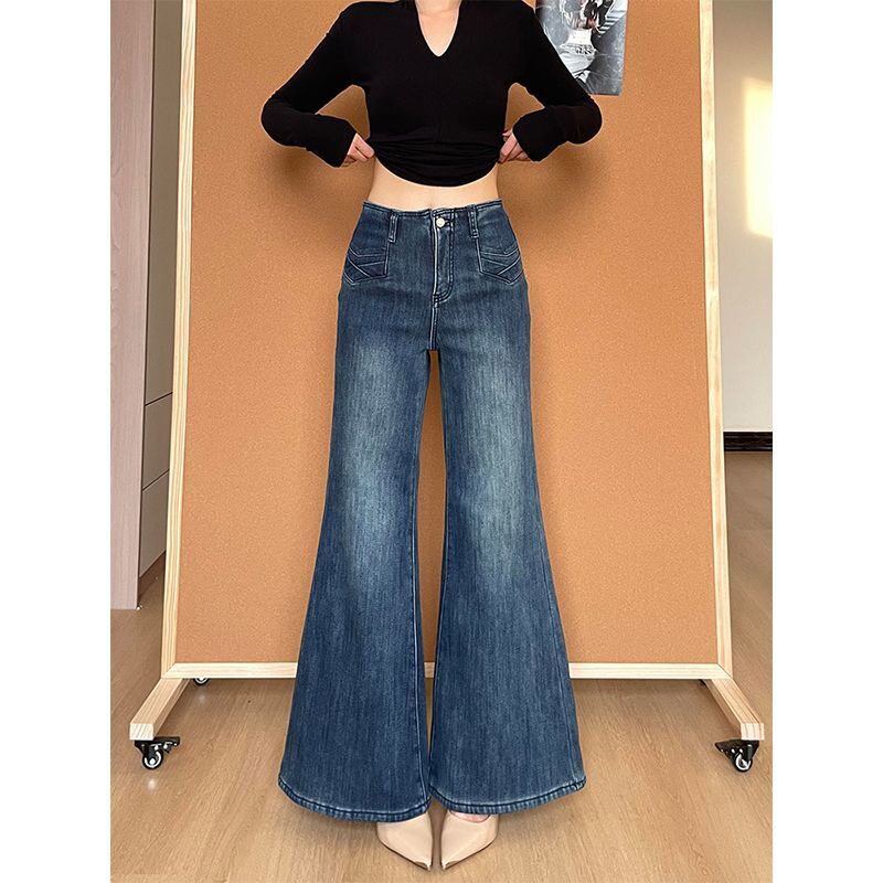 小个子美式辣妹高街微喇牛仔裤145CM高腰百搭显瘦喇叭拖地长裤女