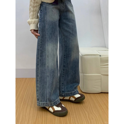 显瘦穿搭矮个子美式复古阔腿牛仔裤145高腰设计感宽松垂感弯刀裤