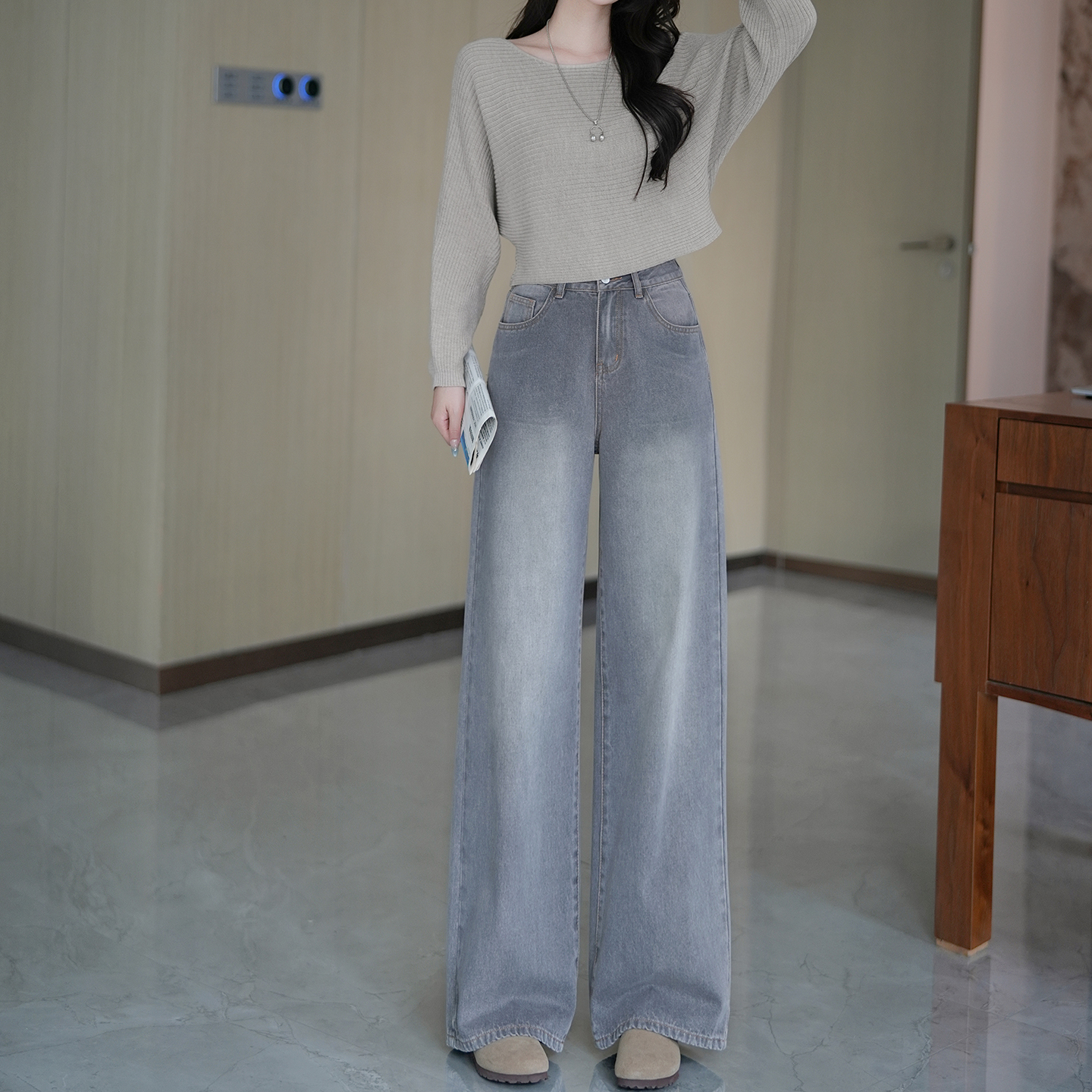 显高穿搭小个子灰色牛仔直筒裤百搭显瘦150cm高腰宽松阔腿裤XXS女