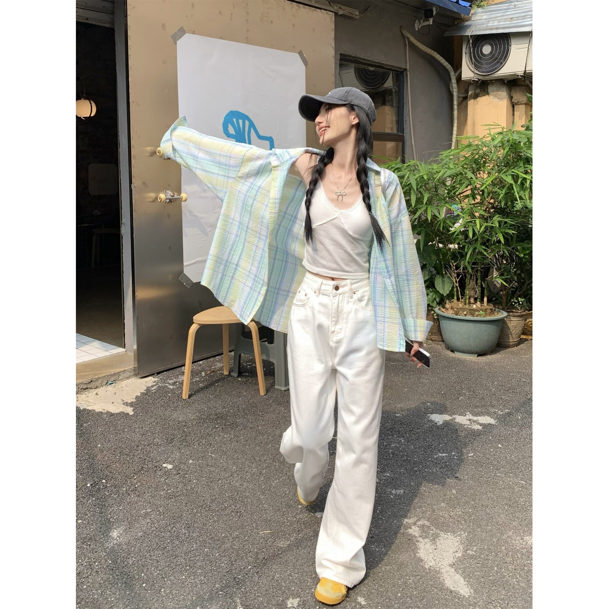 150小个子薄荷绿格子衬衫薄款防晒长袖减龄polo领温柔百搭上衣女