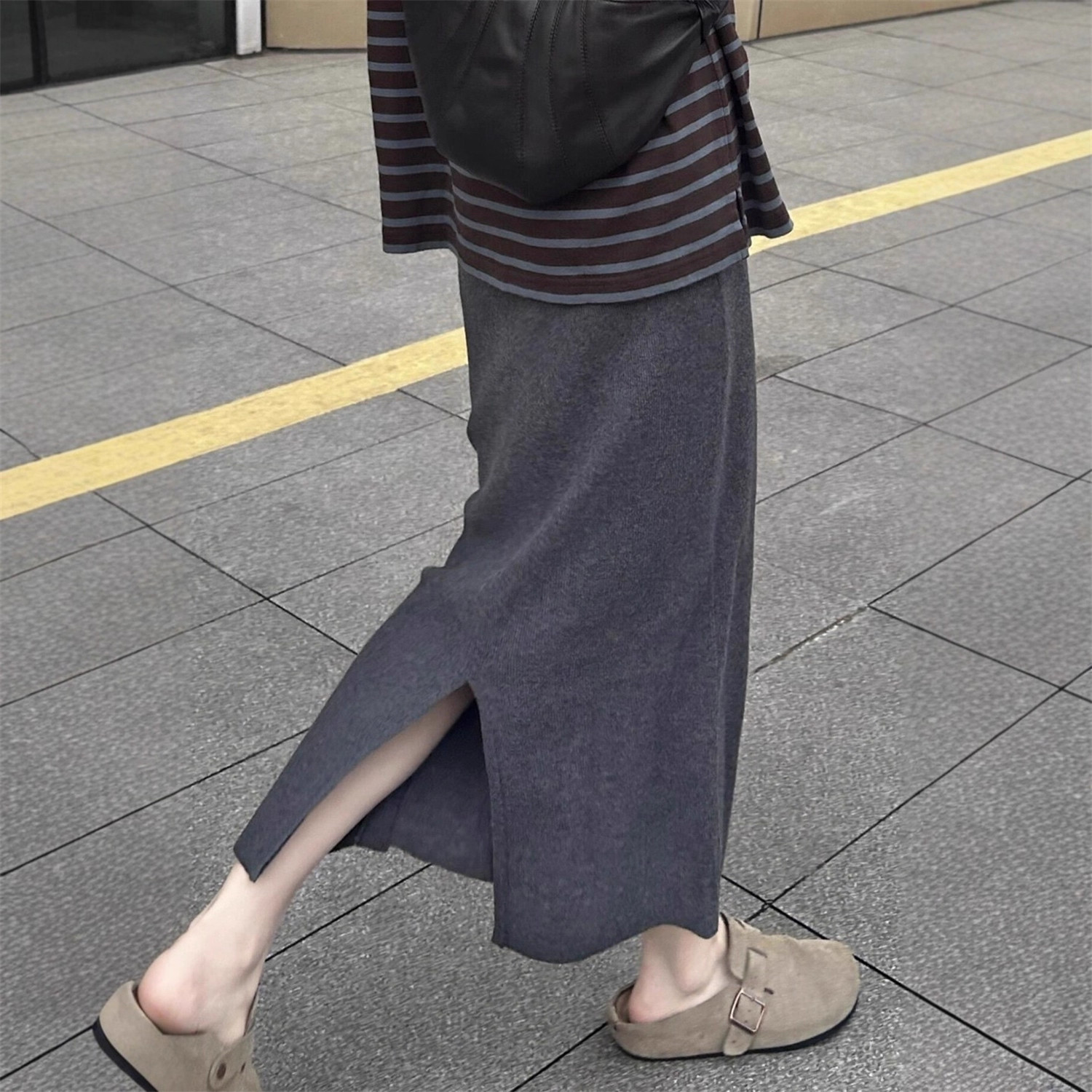 145CM深灰色糯米半身裙小个子设计感显高后开叉中长裙直筒A字裙xs