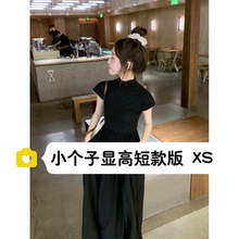 矮小个子黑色连衣裙女夏季拼接短袖圆领收腰长裙高级感裙子xs码夏