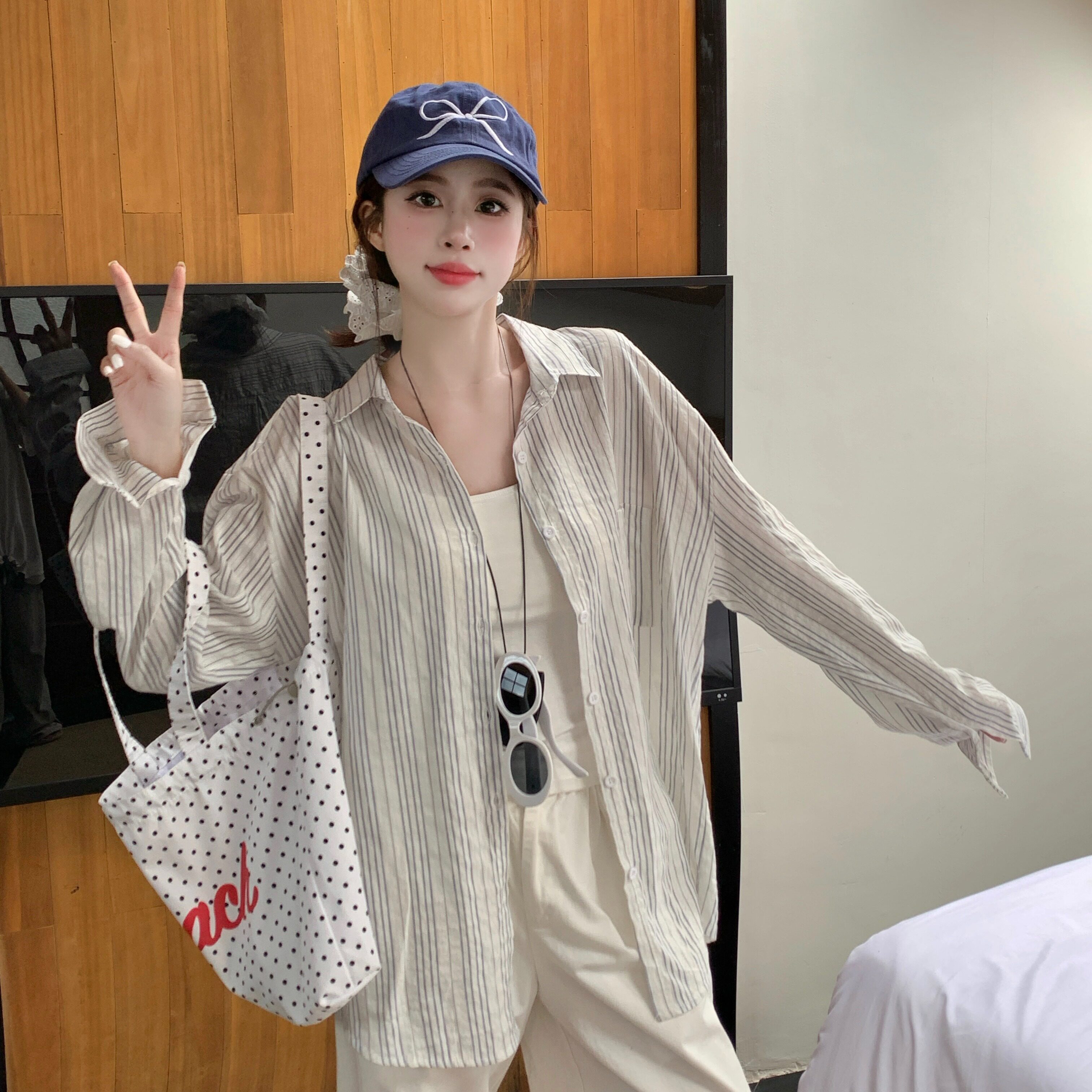 矮小个子蓝色条纹防晒衬衫女夏季2026新款开衫衬衣长袖上衣薄外套