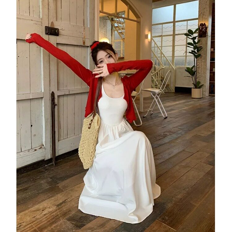 145小矮个子150cm法式赫本风a字吊带连衣裙+百搭针织开衫套装女xs