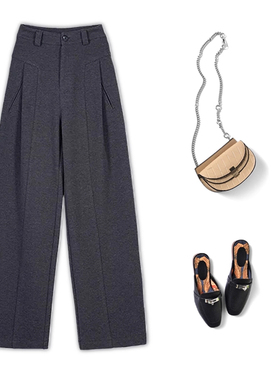 矮小个子加厚毛呢阔腿裤145CM高腰深灰色休闲裤垂感窄版直筒裤XXS