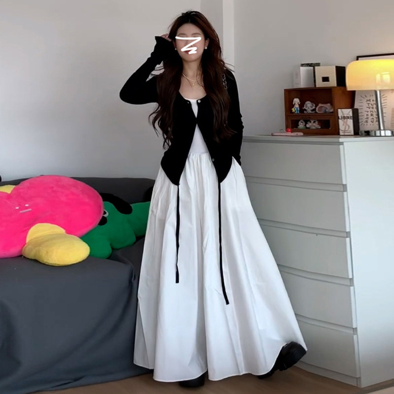 145CM矮小个子白色吊带连衣裙150显瘦穿搭法式气质高级感长裙套装