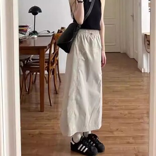 150小个子美式 半身裙遮胯显瘦145显高高腰开叉中长a字裙 复古工装