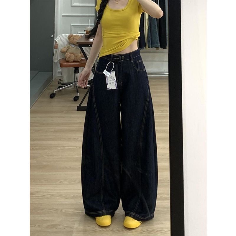 小个子深蓝色弯刀阔腿牛仔裤百搭150CM高腰美式宽松直筒拖地长裤