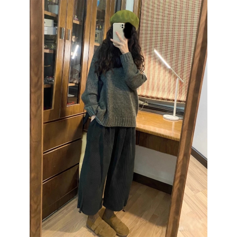 矮小个子日系灯芯绒休闲裤减龄显瘦145CM高腰气球裤美拉德束脚裤