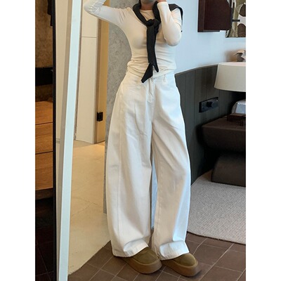150cm小个子白色廊型阔腿牛仔裤女高腰宽松显瘦百搭休闲弯刀长裤