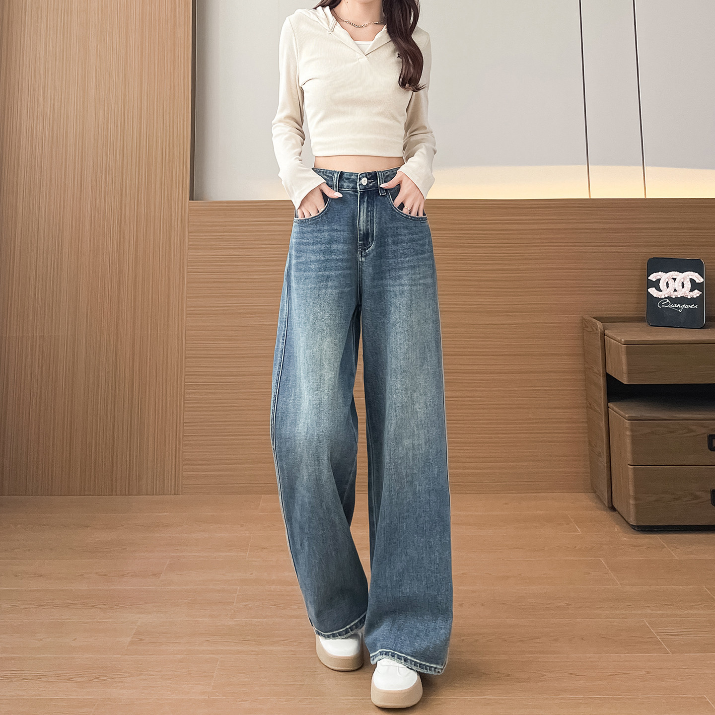 显瘦穿搭小个子高腰窄版直筒牛仔裤复古150CM宽松显高垂感阔腿裤