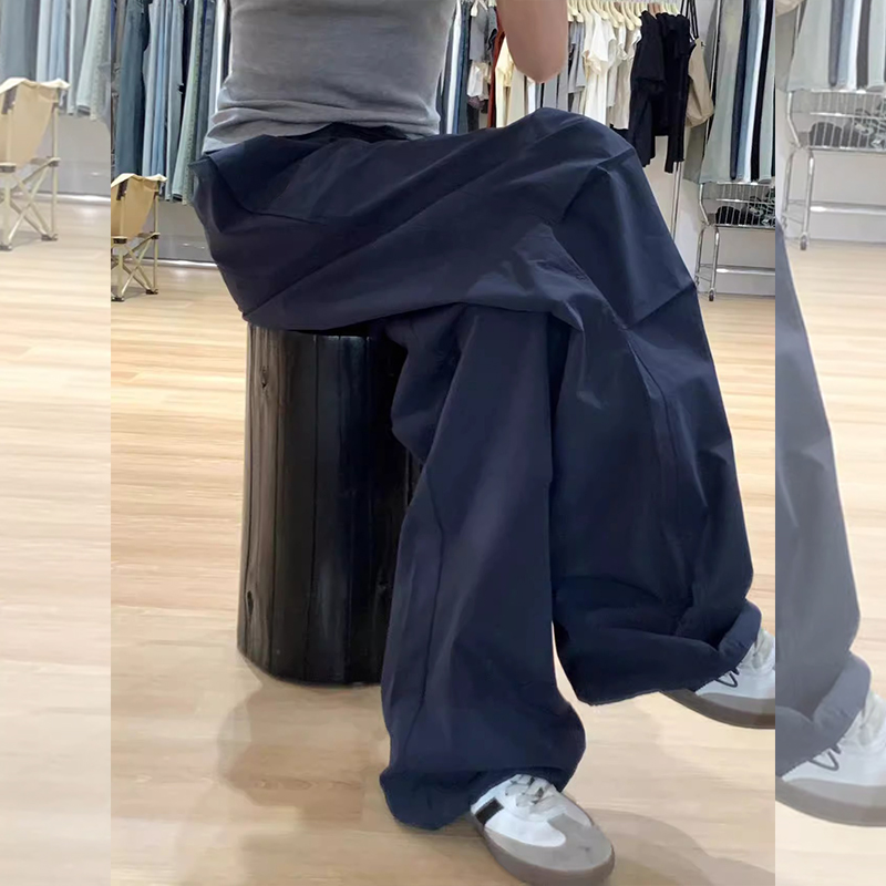 150cm矮小个子高腰藏青色工装裤宽松百搭减龄显瘦阔腿裤束脚裤XXS