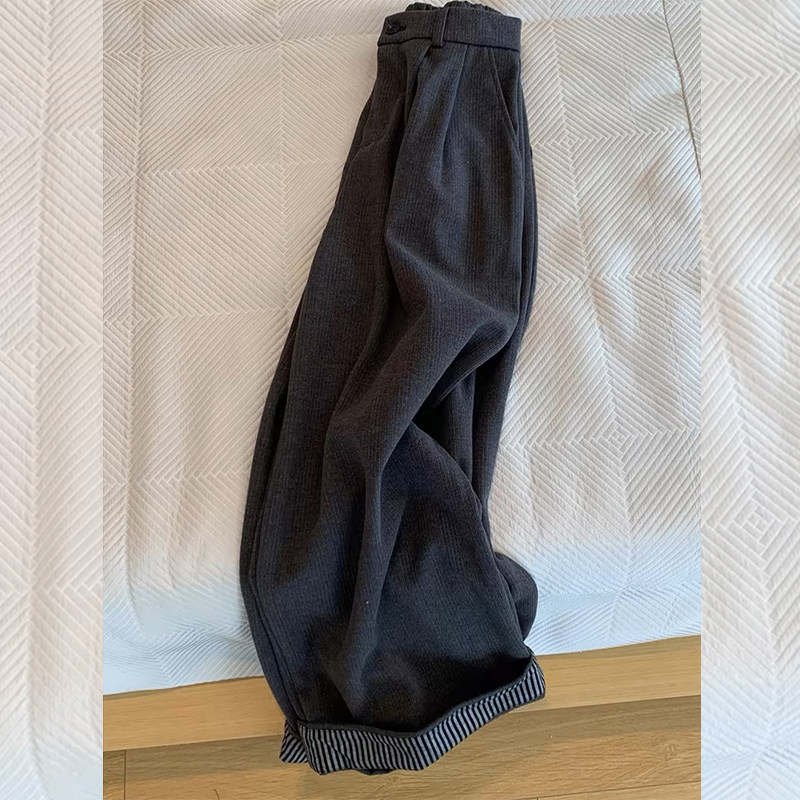 小个子深灰色卷边毛呢阔腿裤女秋冬新款高腰宽松显瘦休闲直筒裤xs