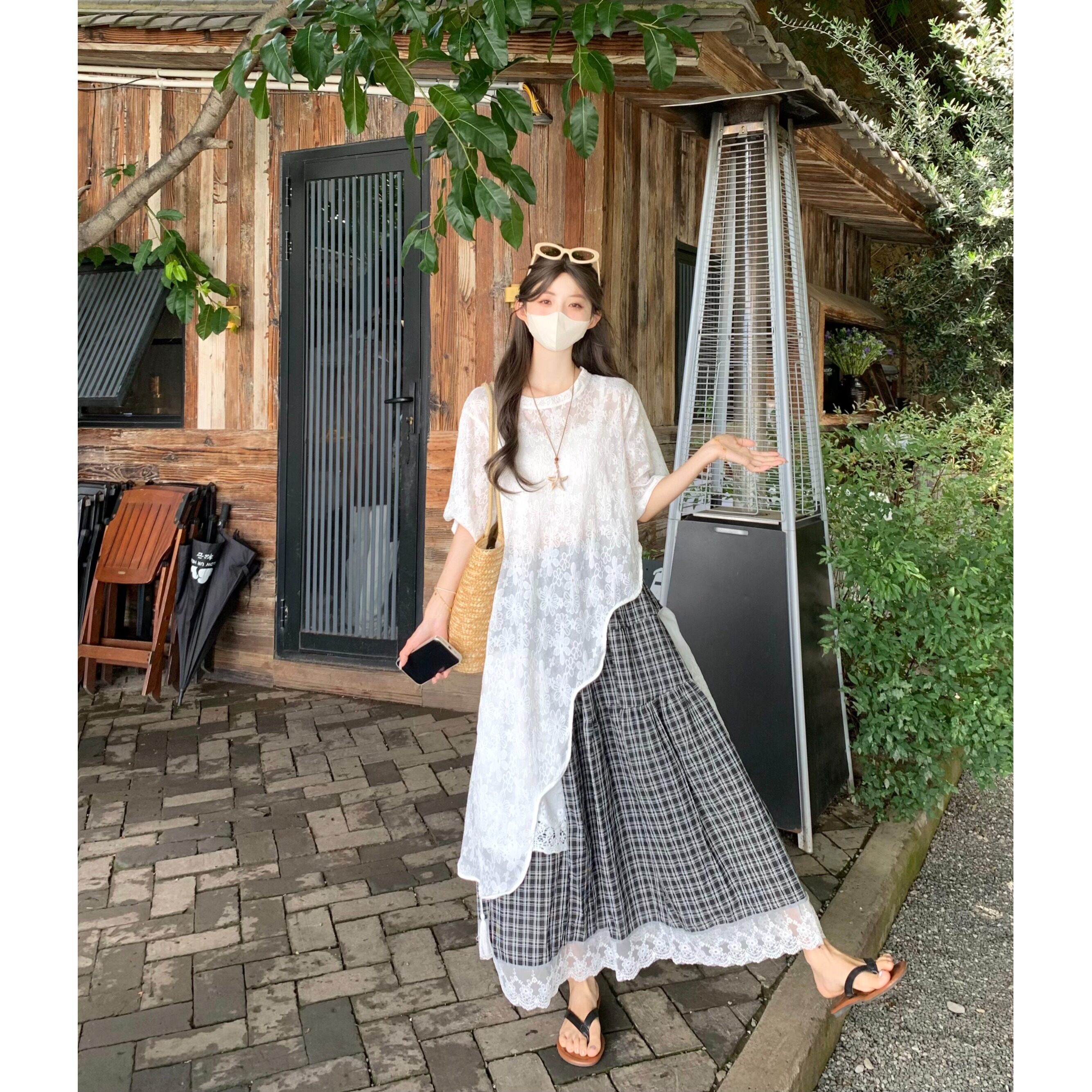 150小个子韩系不规则蕾丝罩衫叠穿格子半身裙时尚两件套装女xs夏