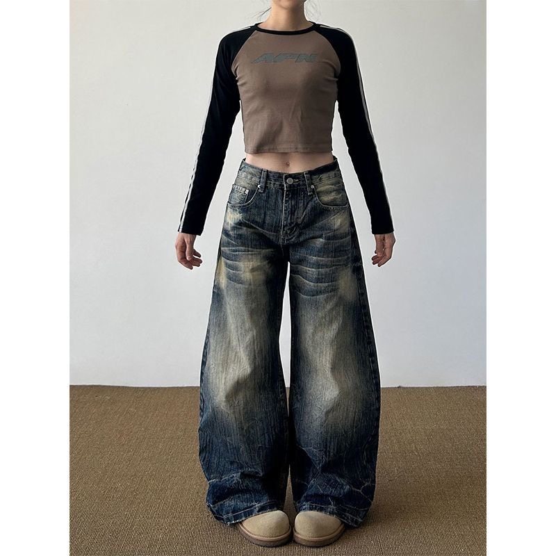 小个子美式复古牛仔阔腿裤宽松显瘦145CM显高低腰直筒裤拖地长裤