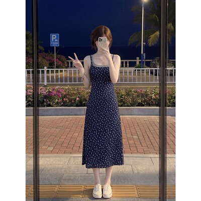 显瘦穿搭145CM假两件碎花吊带长裙矮小个子修身收腰垂坠连衣裙XS